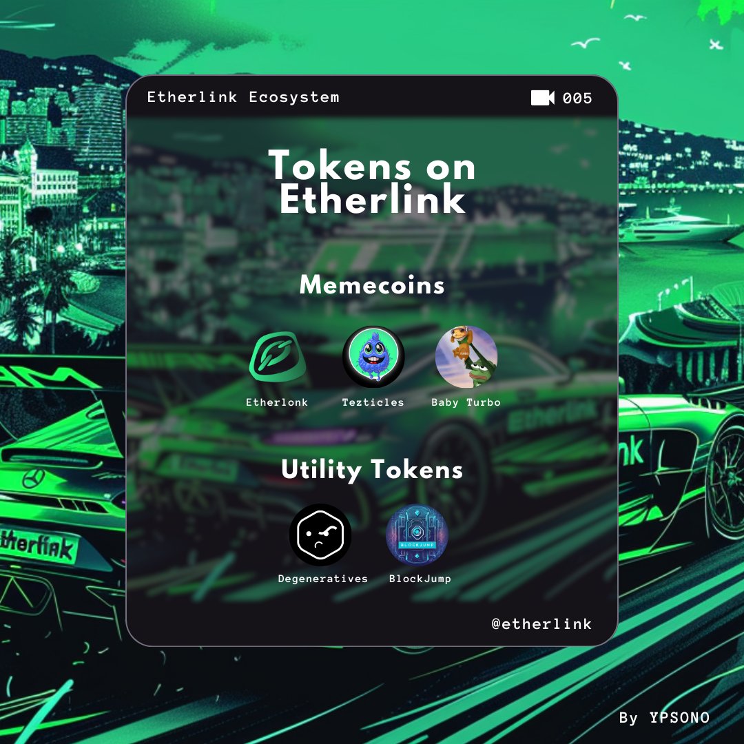 GM! Lets explore tokens that are currently live on <a href="/etherlink/">Etherlink 🔗</a>.

We have memecoins around 100k MC:
$nocoin <a href="/etherlonk/">Etherlonk</a>
$tezt <a href="/tez_ticles/">tez-ticles</a>
$bturb @BabyTurbo_XTZ

And utility tokens, tokens used directly in dapps:
$mood <a href="/_degeneratives/">degeneratives</a>
$jump <a href="/Blindripper85/">BlindRipper</a>