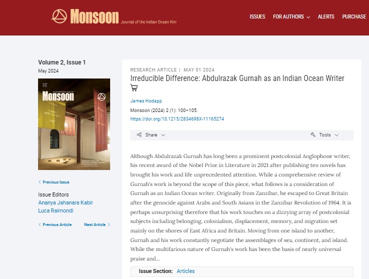 Monsoon: Journal of the Indian Ocean Rim (@monsoon_journal) on Twitter photo <a href="/Monsoon_Journal/">Monsoon: Journal of the Indian Ocean Rim</a>'s first issue of Vol 2 features a book review, "Irreducible Difference: Abdulrazak Gurnah as an #IndianOcean Writer" by James Hodapp, Associate Professor of Literature at <a href="/NUQatar/">Northwestern Qatar</a>.
Available for purchase via <a href="/theafricainst/">The Africa Institute</a>/<a href="/DukePress/">Duke University Press</a>: theafricainstitute.org/publication/mo… <a href="/Monsoon_Journal/">Monsoon: Journal of the Indian Ocean Rim</a>'s first issue of Vol 2 features a book review, "Irreducible Difference: Abdulrazak Gurnah as an #IndianOcean Writer" by James Hodapp, Associate Professor of Literature at <a href="/NUQatar/">Northwestern Qatar</a>.
Available for purchase via <a href="/theafricainst/">The Africa Institute</a>/<a href="/DukePress/">Duke University Press</a>: theafricainstitute.org/publication/mo…