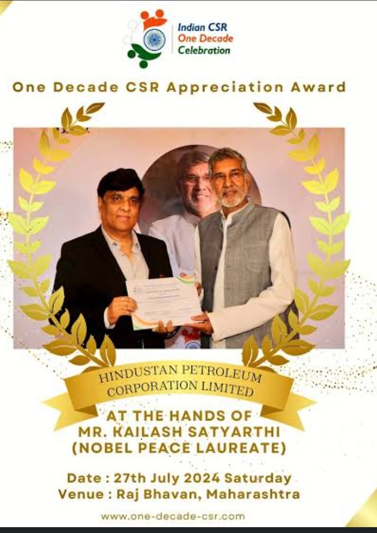 Meenakshi (@meenakshi0004) on Twitter photo <a href="/HPCL/">Hindustan Petroleum Corporation Limited</a> <a href="/fipiind/">FIPI</a> <a href="/PPACIndia/">Petroleum Planning & Analysis Cell, MoPNG, GoI</a> <a href="/mygovindia/">MyGovIndia</a> <a href="/MyGovHindi/">MyGov Hindi</a> <a href="/OfficeofHSP/">Office of Hardeep Singh Puri</a> Congratulations to <a href="/HPCL/">Hindustan Petroleum Corporation Limited</a> <a href="/Rg03Goel/">Rajeev Goel</a> on receiving the 'One Decade CSR Appreciation Award ,🏆🏆🏆🏆🏆🏆
Let's come together to contribute to the cause of #NayaBharat
<a href="/maha_governor/">Governor of Maharashtra</a> <a href="/k_satyarthi/">Kailash Satyarthi</a> <a href="/HardeepSPuri/">Hardeep Singh Puri</a> <a href="/TheSureshGopi/">Suressh Gopi</a> <a href="/Secretary_MoPNG/">@Secretary_MoPNG</a> <a href="/PetroleumMin/">Ministry of Petroleum and Natural Gas #MoPNG</a> <a href="/HPCL/">Hindustan Petroleum Corporation Limited</a> <a href="/fipiind/">FIPI</a> <a href="/PPACIndia/">Petroleum Planning & Analysis Cell, MoPNG, GoI</a> <a href="/mygovindia/">MyGovIndia</a> <a href="/MyGovHindi/">MyGov Hindi</a> <a href="/OfficeofHSP/">Office of Hardeep Singh Puri</a> Congratulations to <a href="/HPCL/">Hindustan Petroleum Corporation Limited</a> <a href="/Rg03Goel/">Rajeev Goel</a> on receiving the 'One Decade CSR Appreciation Award ,🏆🏆🏆🏆🏆🏆
Let's come together to contribute to the cause of #NayaBharat
<a href="/maha_governor/">Governor of Maharashtra</a> <a href="/k_satyarthi/">Kailash Satyarthi</a> <a href="/HardeepSPuri/">Hardeep Singh Puri</a> <a href="/TheSureshGopi/">Suressh Gopi</a> <a href="/Secretary_MoPNG/">@Secretary_MoPNG</a> <a href="/PetroleumMin/">Ministry of Petroleum and Natural Gas #MoPNG</a>