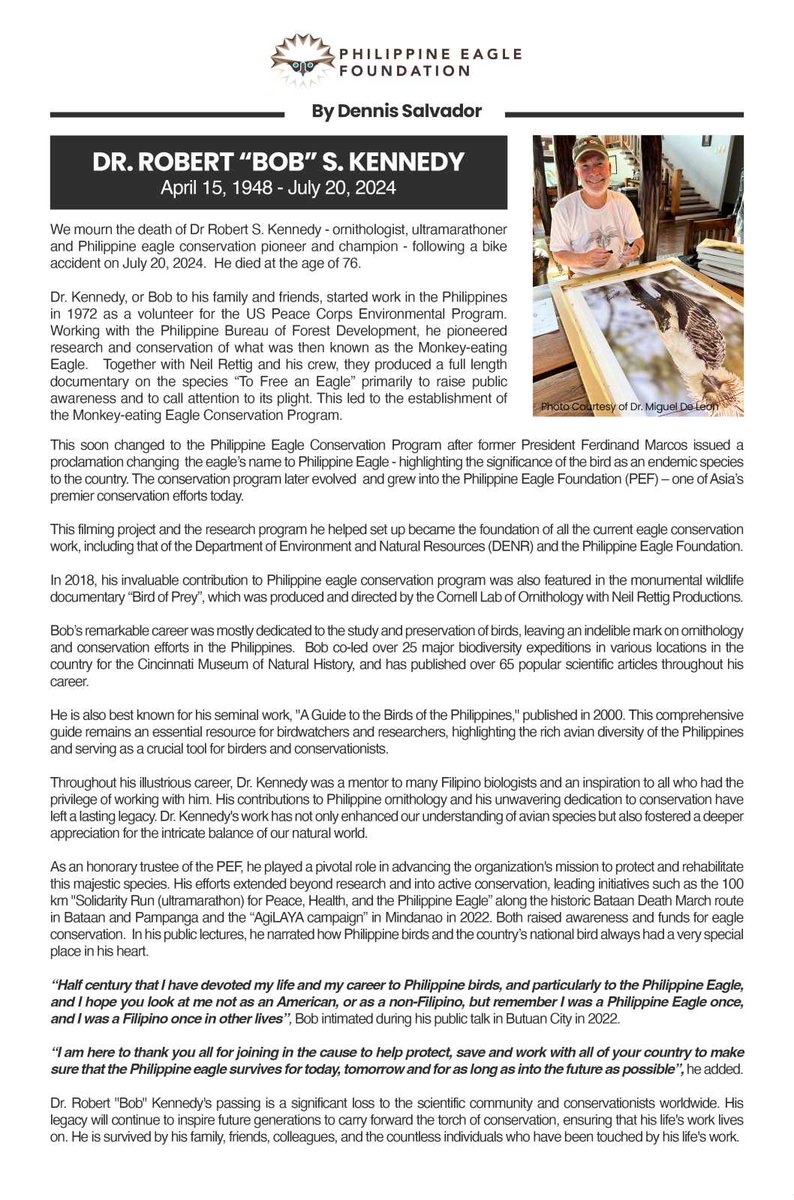 DENROfficial's tweet photo. The DENR family & DENR Sec. Antonia Loyzaga mourn the death of Dr Robert S. Kennedy, a renowned ornithologist and PH eagle conservation pioneer & champion.
His legacy will inspire future generations to carry on his conservation work.
#SavePhEagle
#FlyHighBob https://t.co/PXhutG54yX