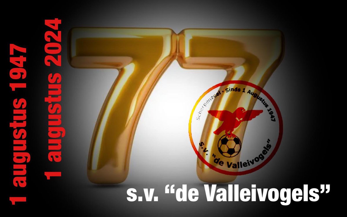 <a href="/valleivogels1/">Valleivogels 1</a> feliciteert <a href="/Valleivogels/">SV de Valleivogels</a>, samen met de sponsors, vrijwilligers en supporters, met het 77-jarig jubilieum!
#01-08-1947 #01-08-2024