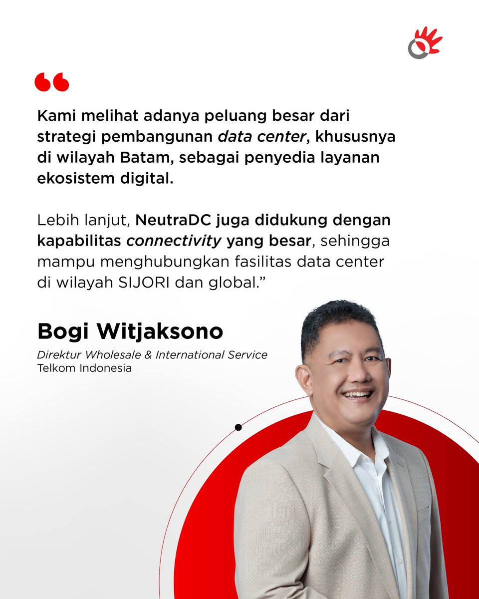 TelkomIndonesia's tweet photo. Telkom melihat adanya peluang pembangunan pusat data yang bisa mengubah lanskap data center di kawasan SIJORI. 

#ElevatingYourFuture https://t.co/CxpOFhPAW2
