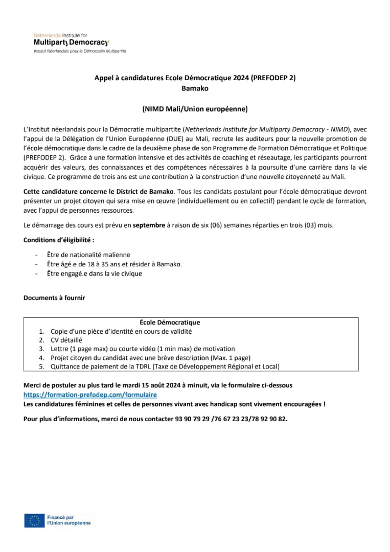 Vous l'attendiez, elle est ouverte pour vous !
L'école  démocratique  du centre de Bamako ouvre ses portes à de nouveaux auditeurs/nouvelles auditrices.
Vous avez entre 18-35 ans, saisissez cette opportunité.
Le programme est financé par <a href="/UEauMali/">UE au Mali</a> 
<a href="/WeAreNIMD/">NIMD</a>