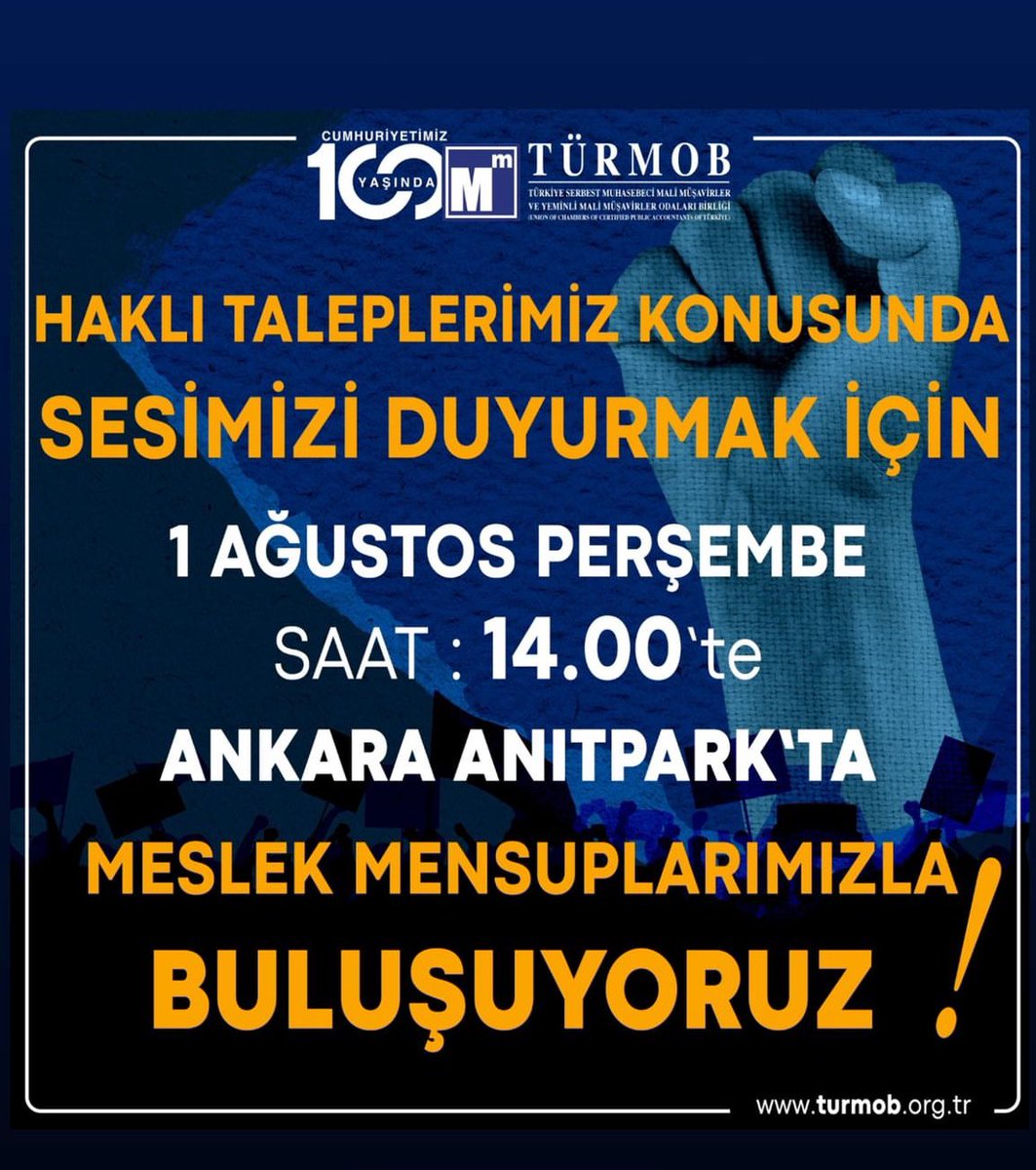 #MaliMüsavirMitingi Haklı taleplerimizi ve çığırından çıkan angaryaları haykırmak için bugün saat 14:00 ‘da Ankara Anıtpark’tayız…
Gelin birlik olalım…
#MuhasebeYangınYeri 
<a href="/turmob/">TÜRMOB</a>