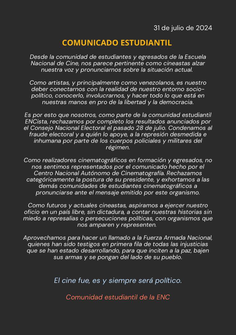 Comunicado de los estudiantes y egresados de la Escuela Nacional de Cine 👏🏻👏🏻👏🏻
Como siempre, las nuevas generaciones dando el ejemplo.
Las no tan nuevas 😶 cuidando su status quo.