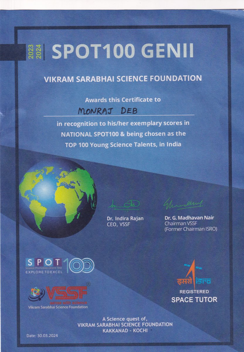 KVS_HQ's tweet photo. Congratulations to Monraj Deb from #PMSHRI KV Nagaon! This Class IX student has made it to the TOP 100 YOUNG SCIENCE TALENTS in India after acing the #SPOT100 National Qualifiers by Vikram Sarabhai Science Foundation #VSSF. 🚀

#ProudKVians #KVS https://t.co/zABIdZ2gXM