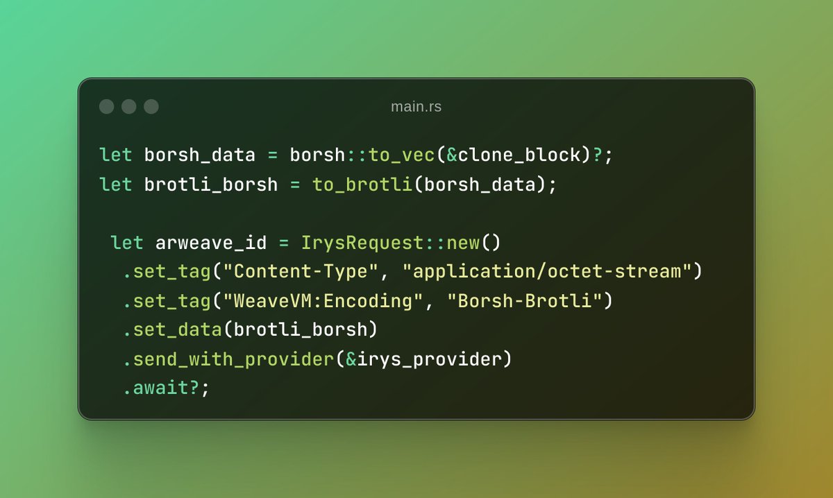 useload's tweet image. WeaveVM uses borsh -- the safe and speedy data serializer used by @NEARProtocol and Solana -- to reduce network overheads, cost, and the size of block data pushed to Arweave.