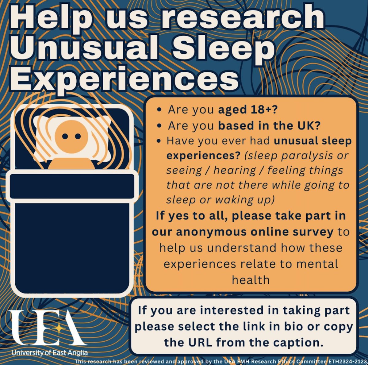 unusualsleepexp's tweet image. 🌟🛌 Ever see, hear or feel something as you drift off or wake up? You’re not alone! 
Join our study on visual, auditory, and tactile hallucinations at the edges of sleep. 😴 @DrSReeve  @eleanorchats @UEA_ClinPsyD #SleepResearch #SleepDisorders 
🔗Link ⬇️
app.onlinesurveys.jisc.ac.uk/s/uea/unusuals…