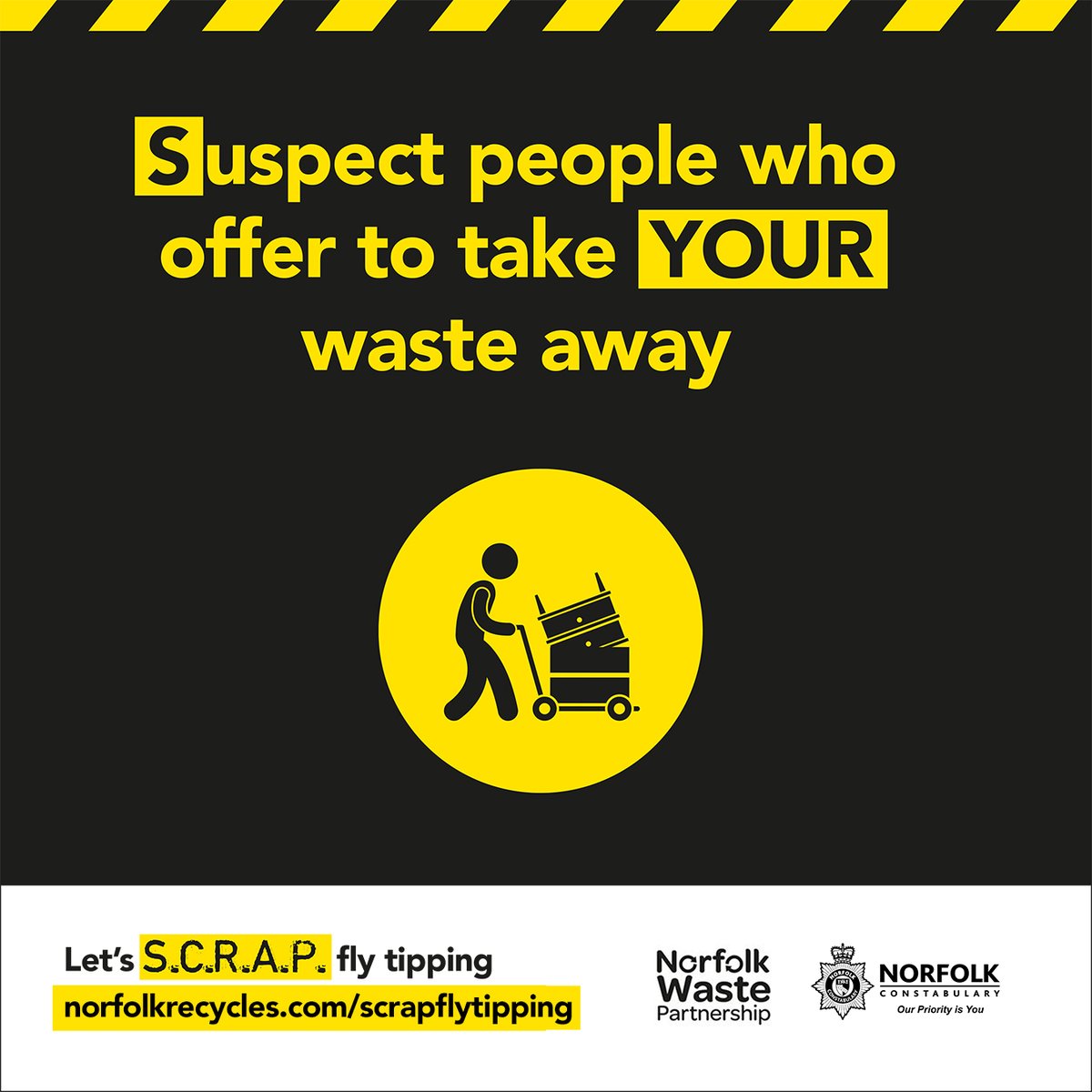 How can you prevent fly-tipping? 

Step one: SUSPECT! 

Don't let anyone take your waste until they have proven themselves to be legitimate. Always follow the S.C.R.A.P. code - together, let's #SCRAPflytipping    norfolkrecycles.com/scrapflytipping