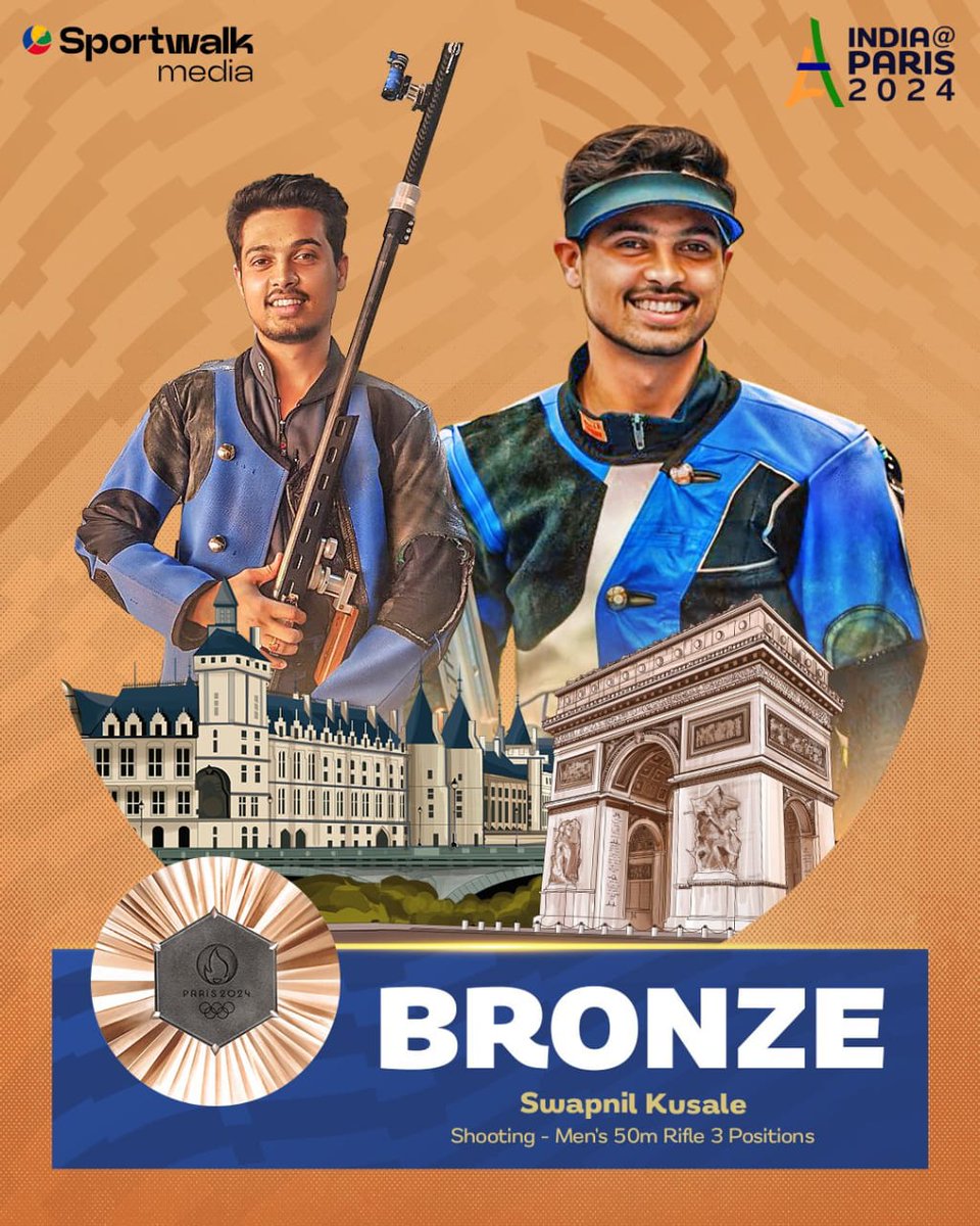 🇮🇳🥉 𝗕𝗥𝗢𝗡𝗭𝗘 𝗡𝗢. 𝟯 𝗙𝗢𝗥 𝗜𝗡𝗗𝗜𝗔! Many congratulations to Swapnil Kusale on winning India's third medal at the Paris 2024 Olympics🎉