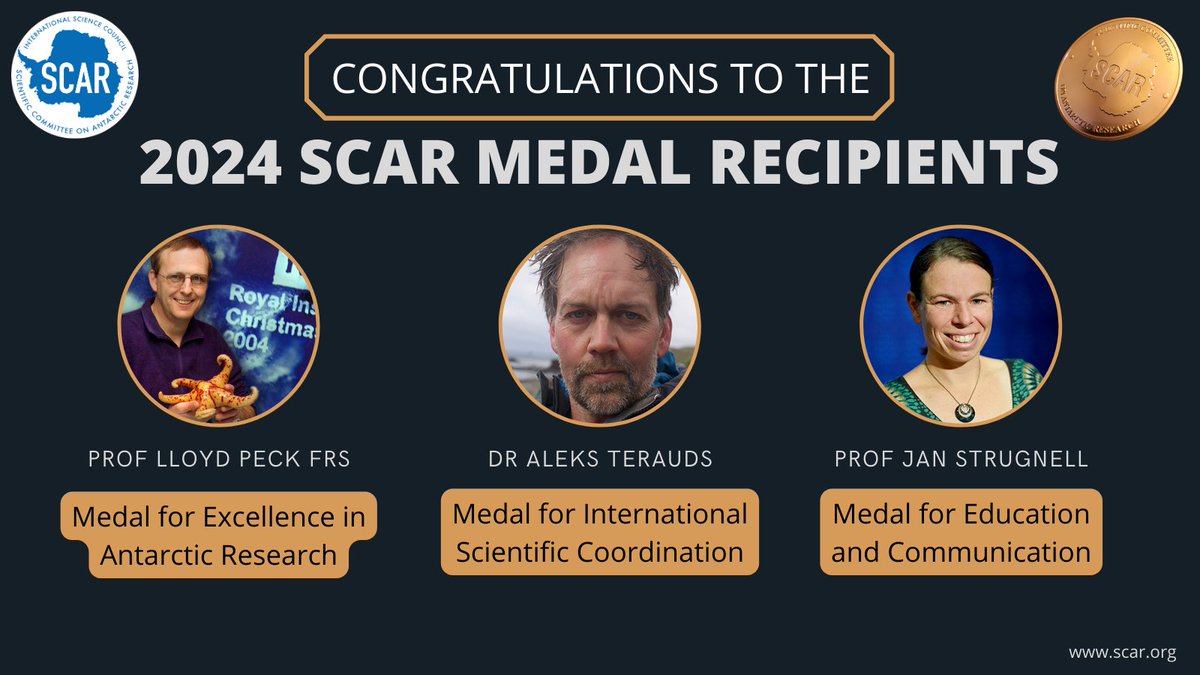We are delighted to announce the 2024 Medal recipients!

🏅 Prof Lloyd Peck FRS: Excellence in Antarctic Research
🏅 Dr Aleks Terauds: International Scientific Coordination
🏅 Prof Jan Strugnell: Education and Communication

Huge congratulations!
➡️ scar.org/scar-news/2024…