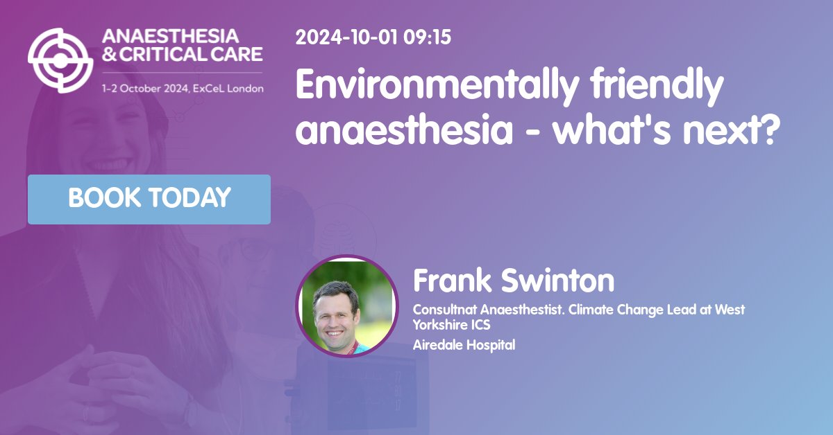 🌟SPEAKER &amp; SESSION HIGHLIGHTS🌟

Speaker: Frank Swinton
Job Title: Consultant Anaesthetist, Climate Change Lead
Topic: Environmentally friendly anaesthesia- what's next?

We can't wait to see you at #ACC24🎊

Book here:eu1.hubs.ly/H0b3yP70

#ACC24