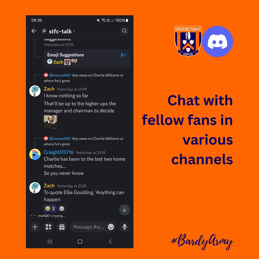 StratfordTownFC's tweet photo. Invite link https://t.co/9FBf7xlDw7

Our Discord Server opened yesterday.
Thanks to the many of you who have joined to discuss and share you love for the Bards!

#ComeOnYouBards https://t.co/vabhjVI4nh