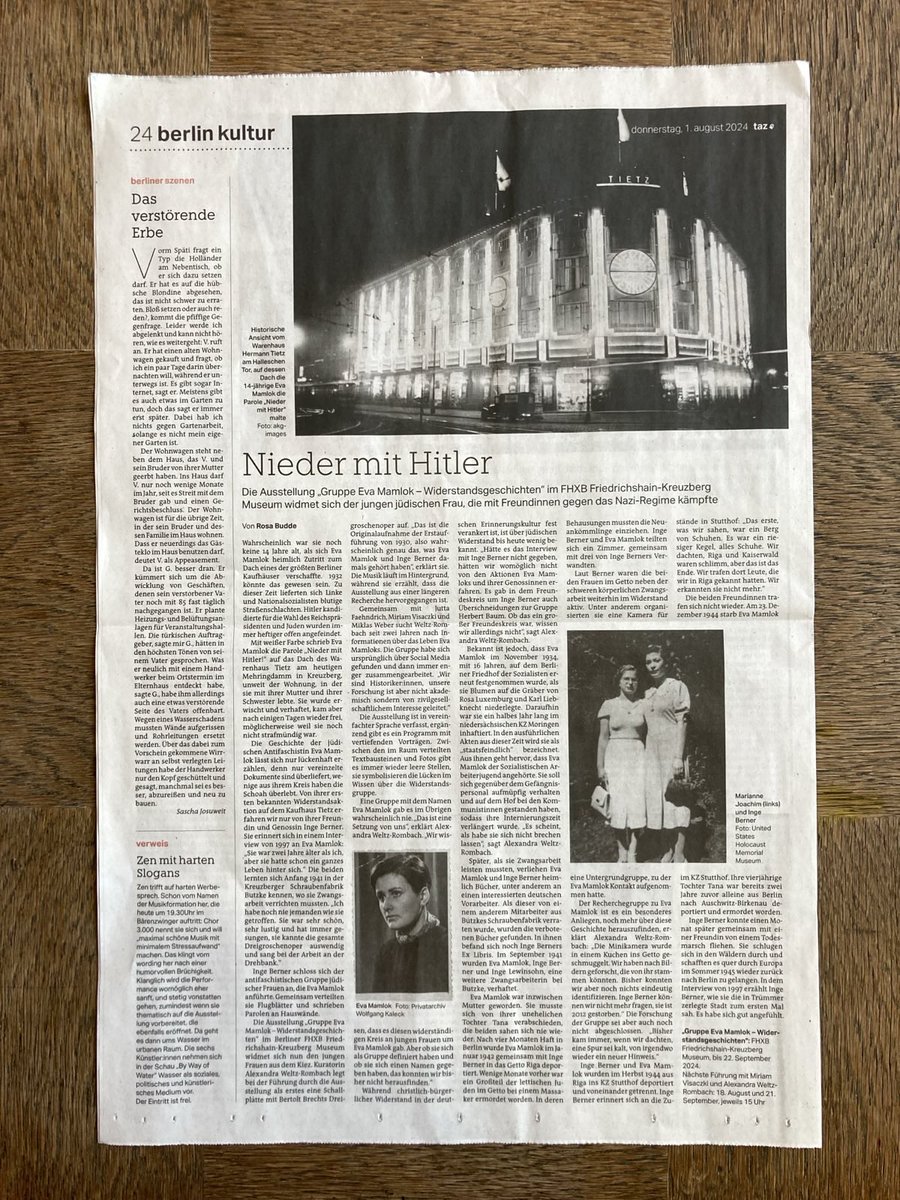 Archivtier's tweet photo. @tazgezwitscher heute im Kulturteil #Berlin zur Ausstellung Gruppe Eva Mamlok im #FHXB Museum in #Kreuzberg 😊
https://t.co/4anqLNGGo1
#EvaMamlok https://t.co/qzZeCwleGk