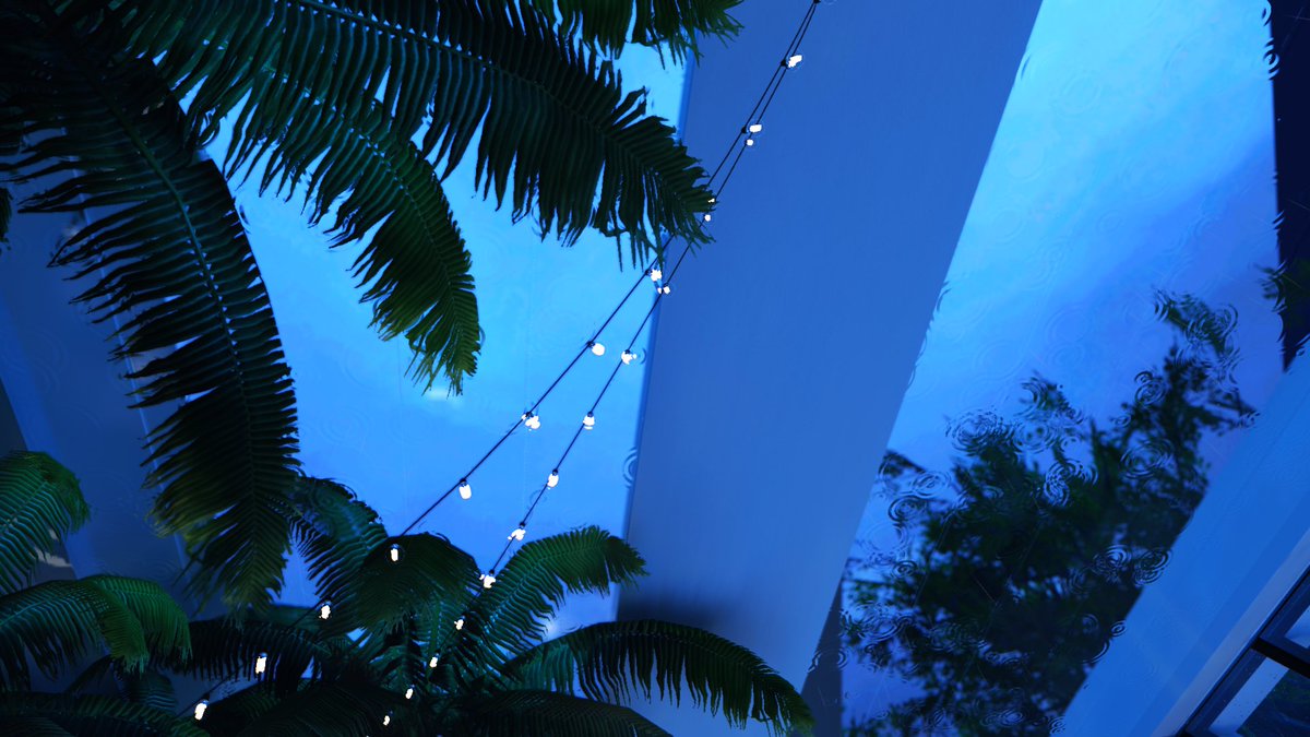 tokiwailm's tweet photo. Rainfall Abyss -Tropical Sector-　―By sizimityper
雨見シリーズワールドであるナイトプール風のワールド。雨の夜のしっとりした雨音とほのかな灯りの環境、市民プールと言いつつ小さめのプライベート感が良いですね。
 #VRChat_world紹介 https://t.co/q4HkAOtr1c