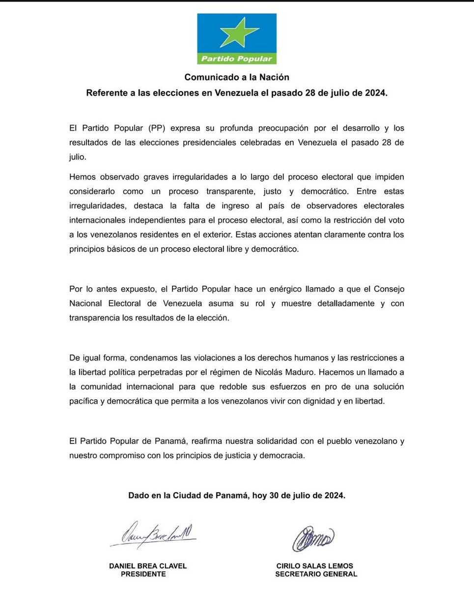Comunicado del partido @pp_panama sobre Venezuela y las pasadas elecciones presidenciales del 28 de julio.