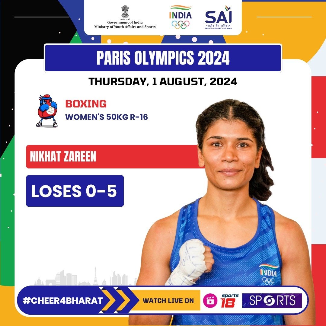 Media_SAI's tweet image. Nikhat Zareen falls short, losing to China’s Wu Yu 0-5.

Let's continue supporting our pugilists, Let's #Cheer4Bharat, let's support #TeamIndia!

Catch all the live action on DD Sports and Jio Cinema!

#OlympicsOnJioCinema #Paris2024Olympics