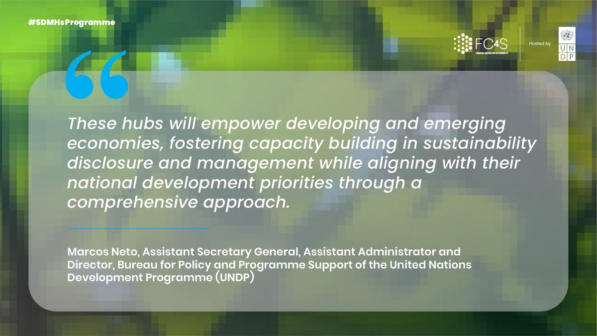 UNDP Financial Centres For Sustainability (@fc4snetwork) on Twitter photo "We are excited to collaborate with #GRI, <a href="/GSGImpact/">GSG Impact</a>, <a href="/IFRSFoundation/">IFRS Foundation</a>, and <a href="/isostandards/">ISO</a> in launching the SDMHs, a remarkable step forward in advancing global sustainability disclosure and management standards." - Marcos Neto, UNDP #SDMHsProgramme
More at: fc4s.org/undp-partners-โฆ "We are excited to collaborate with #GRI, <a href="/GSGImpact/">GSG Impact</a>, <a href="/IFRSFoundation/">IFRS Foundation</a>, and <a href="/isostandards/">ISO</a> in launching the SDMHs, a remarkable step forward in advancing global sustainability disclosure and management standards." - Marcos Neto, UNDP #SDMHsProgramme
More at: fc4s.org/undp-partners-โฆ