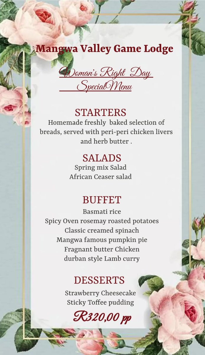 Mangwa Valley Game (@gmmangwa) on Twitter photo On Friday 09 August 2024 its Women’s Day, we celebrate the magic, beauty, love, and strength in every woman.
Come and join us at Mangwa Valley,
Women’s Day Special Lunch Buffet R320pp
For bookings
Info@mangwavalley.co.za
0127114348/9 or 0728439558
Whatsapp 0728439558 On Friday 09 August 2024 its Women’s Day, we celebrate the magic, beauty, love, and strength in every woman.
Come and join us at Mangwa Valley,
Women’s Day Special Lunch Buffet R320pp
For bookings
Info@mangwavalley.co.za
0127114348/9 or 0728439558
Whatsapp 0728439558