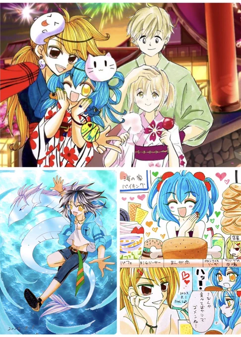 🎀過去絵で何の日3連発🎀

#花火の日
みーこさん宅のCPとWデート🎇💖

#水の日 2年前のハルと水龍の戯れ🌼
 
#バイキングの日 
別世界線の大食いハルといつもの暁🌺
ラストのセリフは、「それも踏まえて好きなんだけどな🎵💕」

#推し達の夏休み2024 