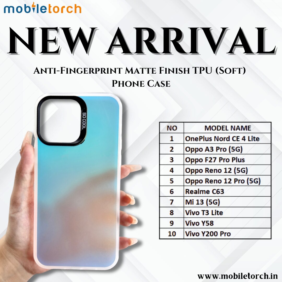 MobileTorch2222's tweet image. Elevate your phone's style with our new anti-fingerprint matte finish TPU case! 💫 Elevate your look with a gradient of blue, pink, and purple - now compatible with your OnePlus, Oppo, Realme, and Vivo. 🤳 Shop the collection now!

#MobileAccessories #PhoneCase #AntifingerPrint