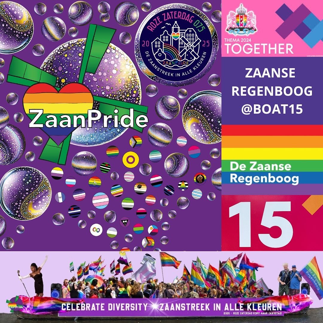 Voor het eerste in de geschiedenis vaart er uit de Zaanstreek een boot mee met de Amsterdamse Canal Pride. ‘De Zaanstreek In Alle Kleuren🏳️‍🌈 Celebrate Diversity Together’. Boot 15. #dezaanseregenboog #amsterdampride #zaanpride #rozezaterdag075 #zaans #together