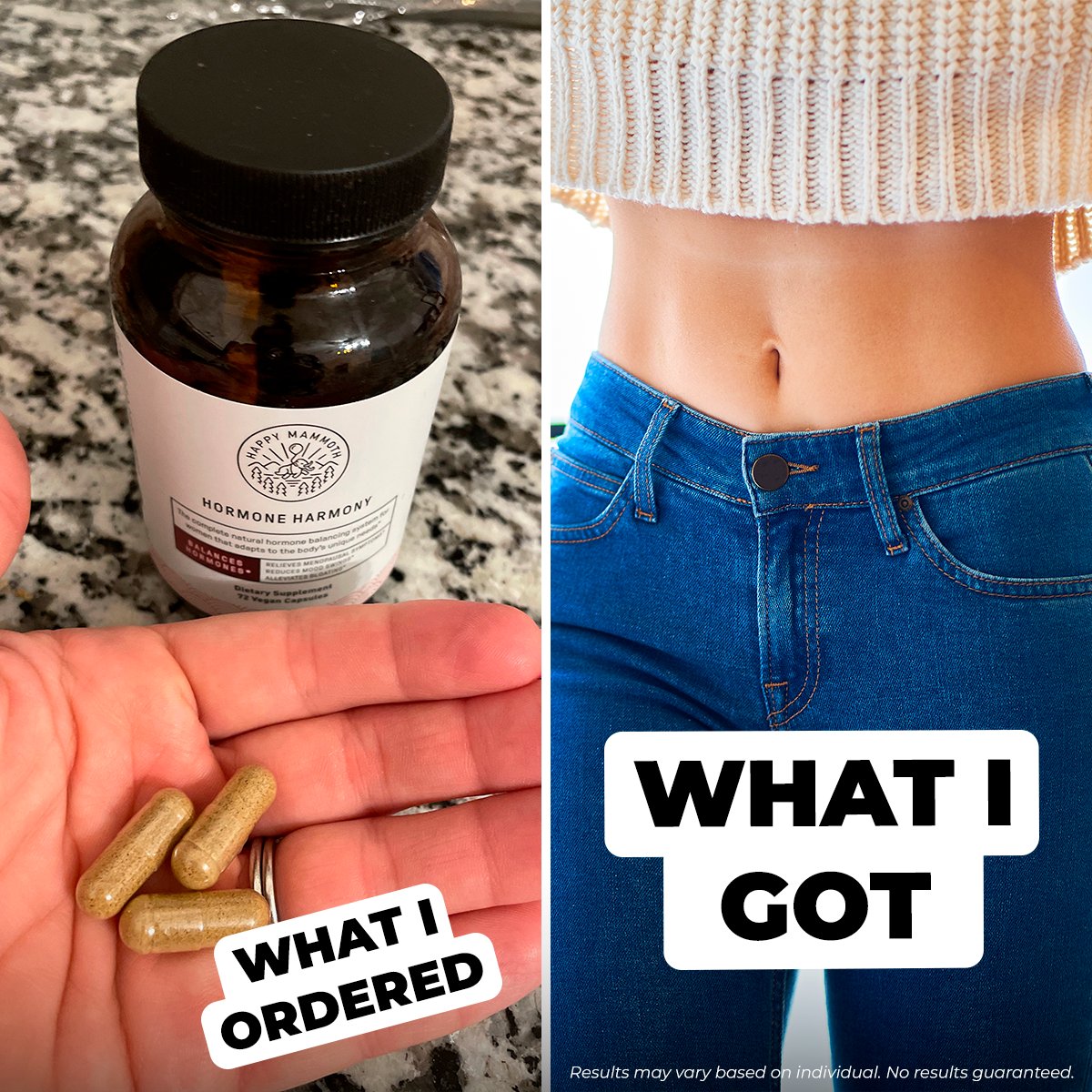 Creative Strategy Tip:

Show don't tell.

I like how this static ad uses a popular presentation style to show a desired outcome.

What you buy is the pill but what you get is a trimmed and bloat-free waistline.