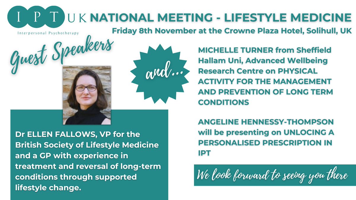 IPT UK invites you to the next National Meeting on Friday 8th November at the Crowne Plaza, Solihull, UK with guest speakers including <a href="/ellenfallows/">Dr Ellen Fallows</a>. All IPT UK members attend for free (booking fee applies) TICKETS here buytickets.at/iptuk/1228802 
#ipt #iptuk #lifestylemedicine