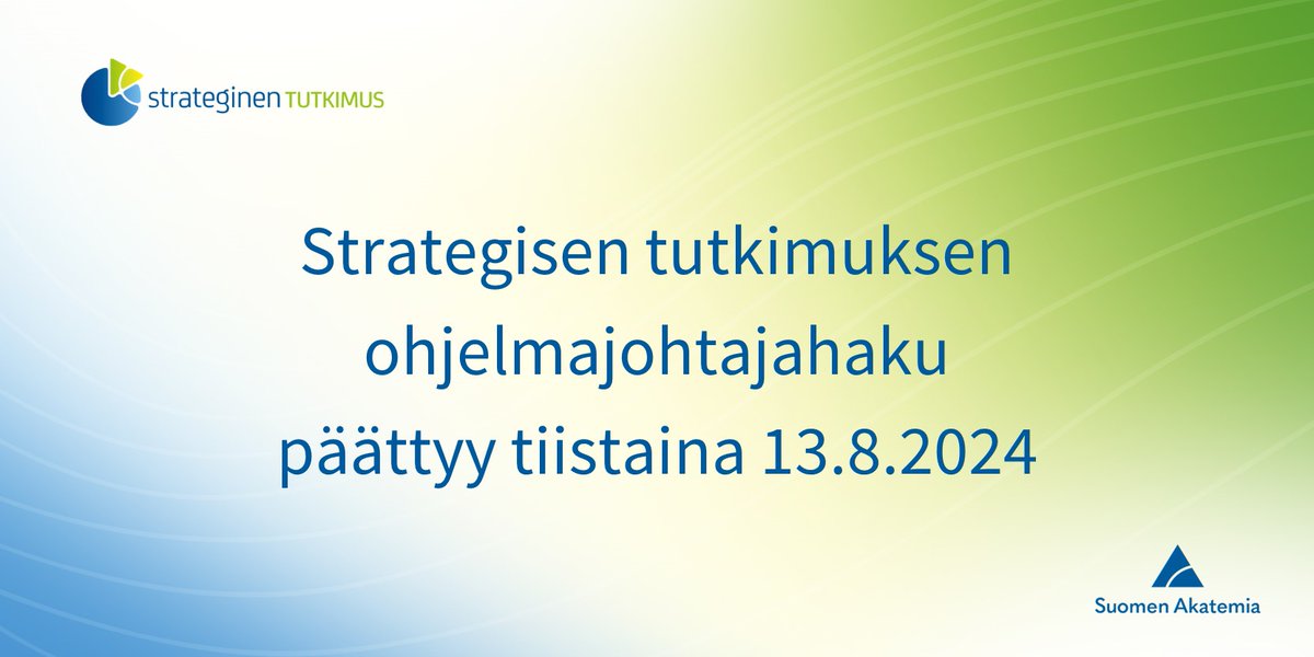 ⏳ Vielä ehdit hakea edistämään tutkimuksen vaikuttavuutta! Ohjelmajohtajahaku #StrateginenTutkimus WAWE- ja DEMOC-ohjelmille päättyy 13.8.2024. Lisätietoja hakuilmoituksessa: aka.fi/tutkimusrahoit…
#tutkimusrahoitus #tiede #tutkimus