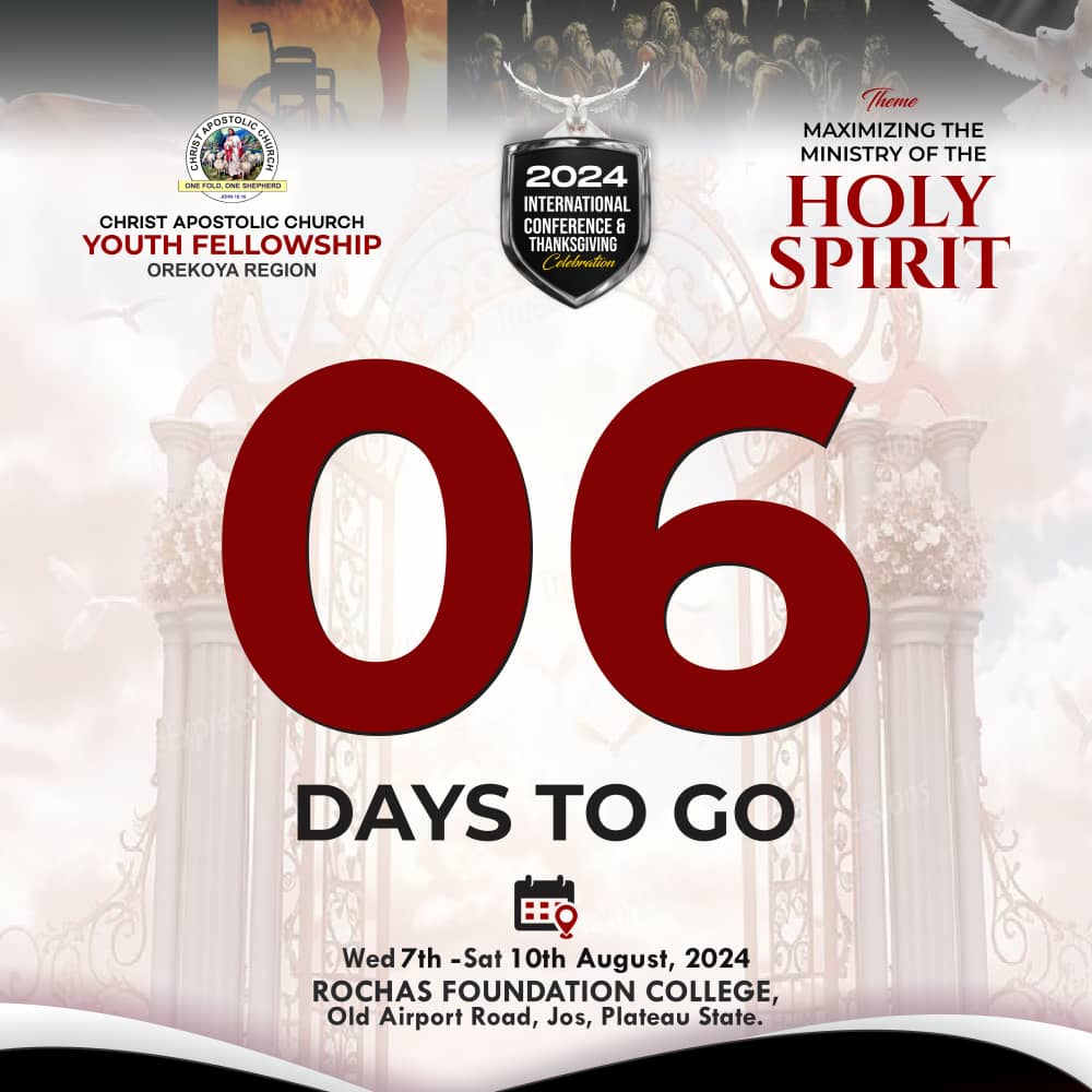 Orekoyaofficial's tweet image. Come One, Come All

Let the Holy Spirit Intercede Through You With Prayers Beyond Your Understanding...

Don't Miss This Experience ‼️

MAXIMIZING THE MINISTRY OF THE HOLY GHOSTS!
#06Daystogo
#2024InternationalConference
#MaximizingTheMinistryOfTheHolyGhost
#CACNews 
#CACYOF