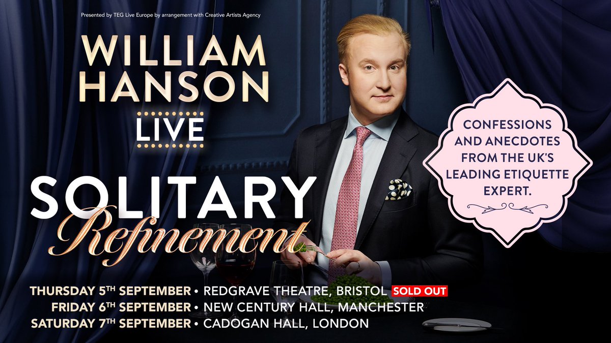 The last few tickets remain for Manchester and London for my forthcoming solo show, Solitary Refinement. 🎭

Please do come and join me for some laughs, gossip and luxury. 

williamhanson.co.uk/live