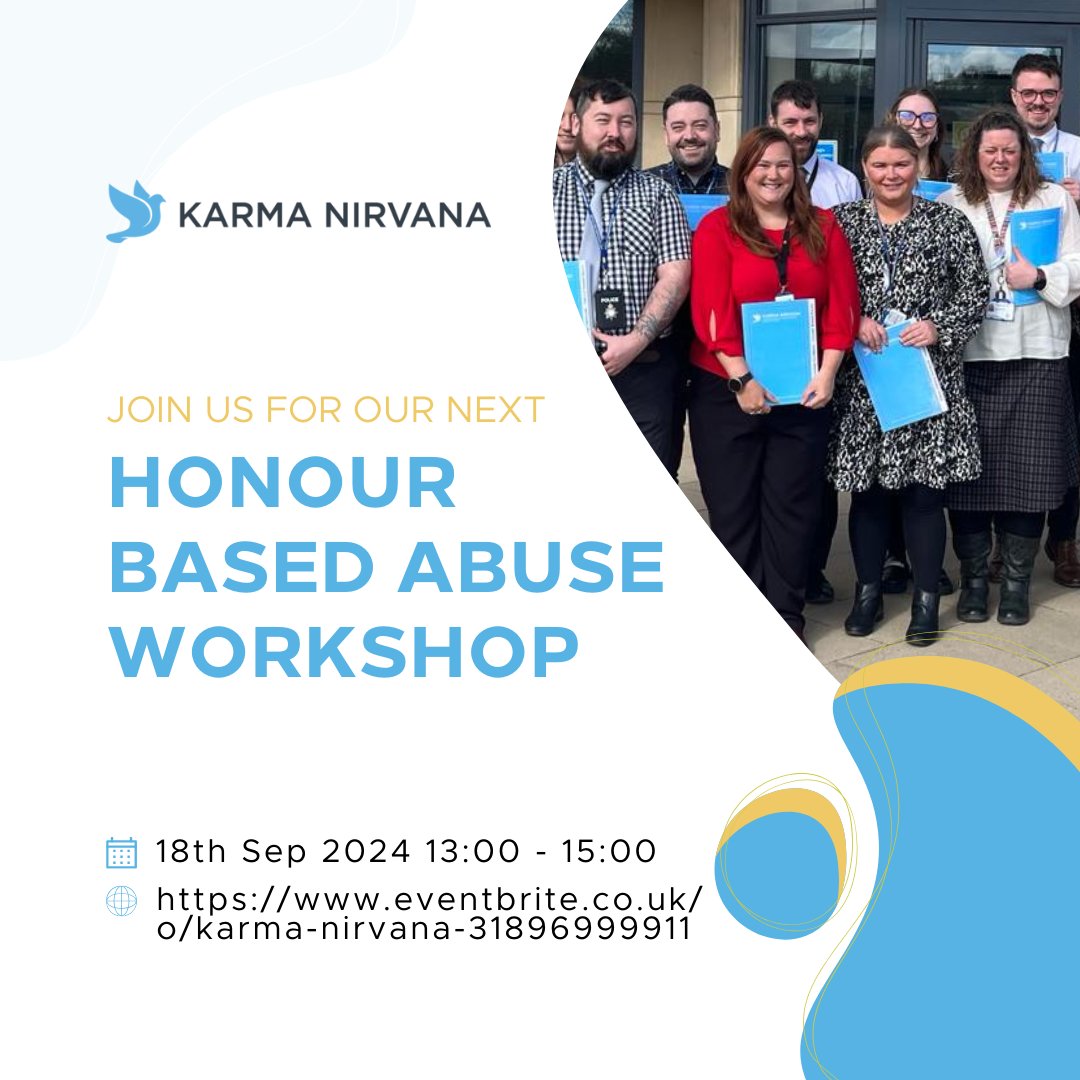 Join us for our next virtual workshop on the 18th September 2024 13:00 - 15:00 BST to build your confidence and resilience in identifying and challenging Honour Based Abuse and Forced Marriage 🌟

🎟️ £22.38
🔗 eventbrite.co.uk/e/building-con…

#event #training #honourbasedabuse #workshop