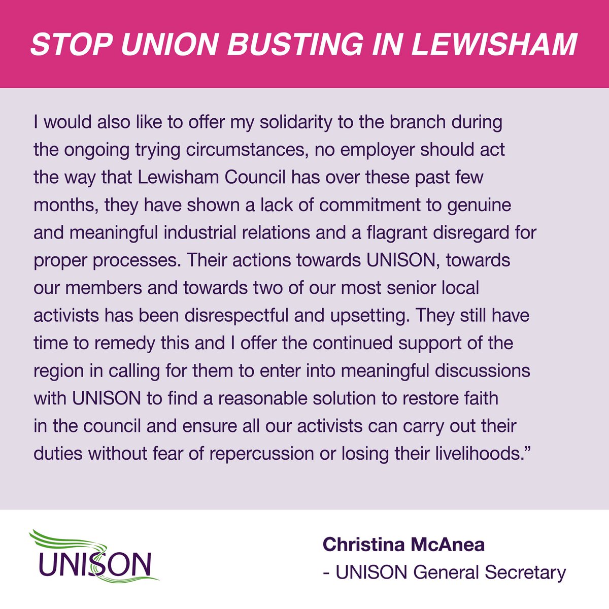 Thank for the show of solidarity from all the other UNISON branches, esp from our General Secretary Christina McAnea. 

We must save our union branch at <a href="/LewishamCouncil/">Lewisham Council</a>.