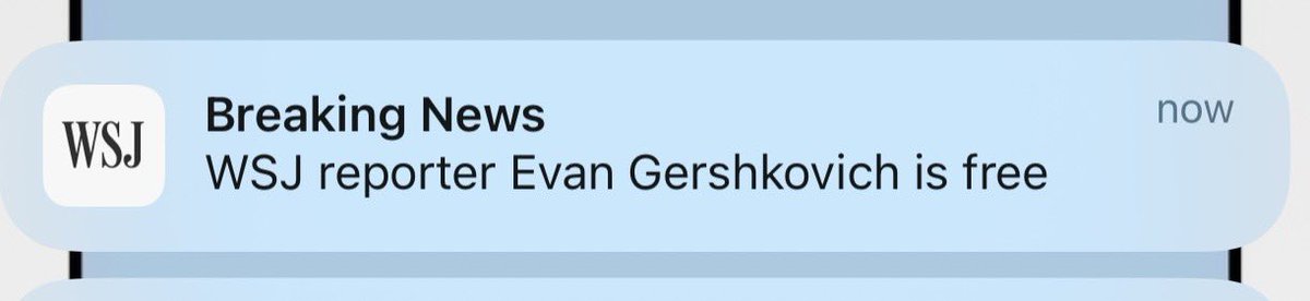 A historic @wsj push alert. Emma Tucker confirms to all of us in the Wall Street Journal newsroom that Evan is in fact free. #evanisfree