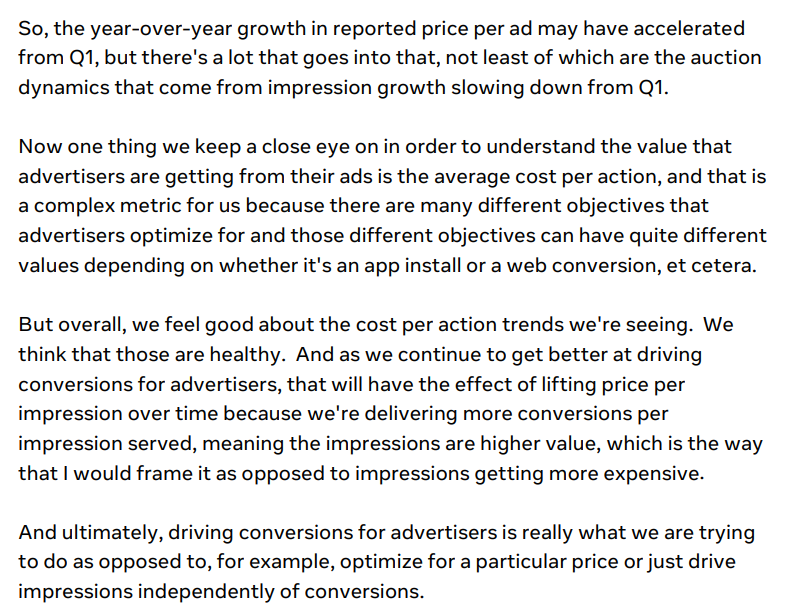 Some notes from the follow-up call:

"as we continue to get better at driving conversions for advertisers, that will have the effect of lifting price per impression over time because we're delivering more conversions per impression served"