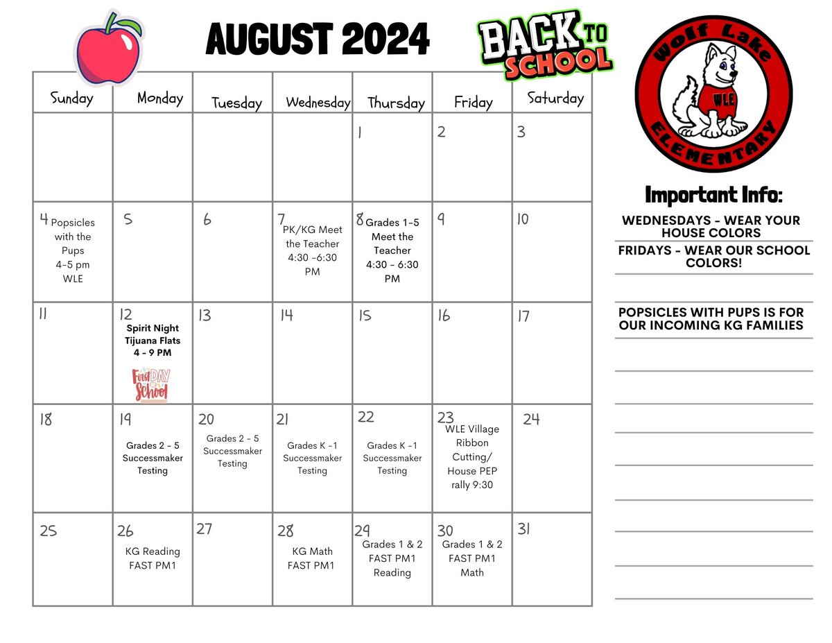Here is our August calendar - as you can see we will hit the ground running!!