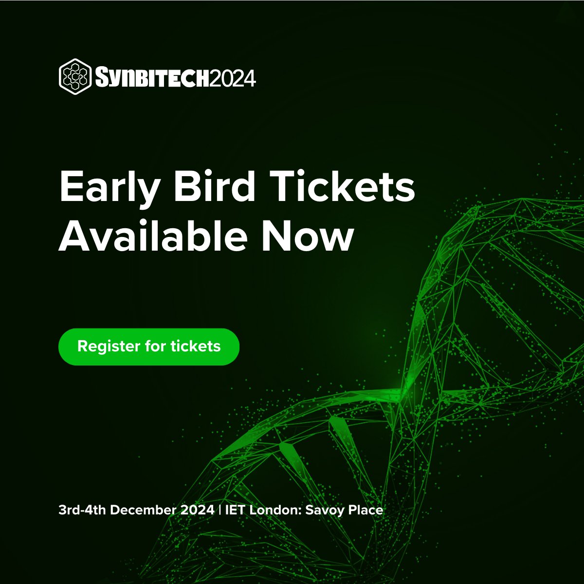 SynbiCITE's tweet image. EARLY BIRD TICKETS NOW AVAILABLE
Grab your ticket before the end of August and you can save a third on general admission price
🎟️ Book your ticket now: synbitech.com/book-tickets
#SynbiTECH24