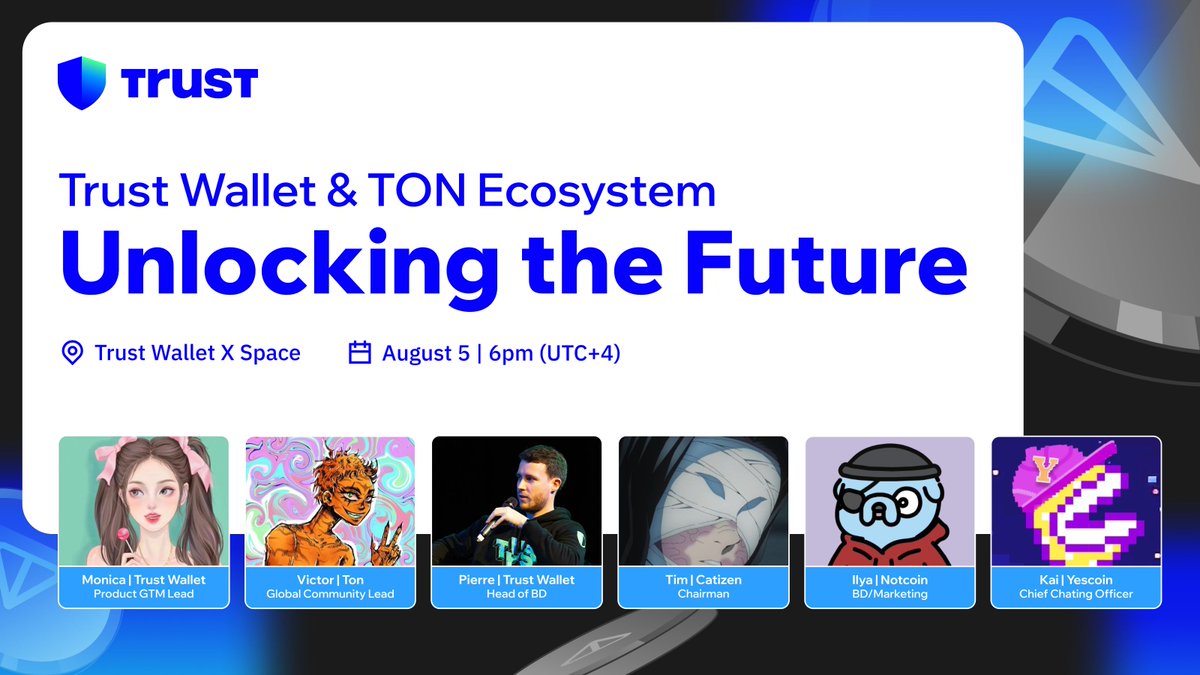 Join our upcoming 𝕏 spaces as we dive into all things #TON, with special guests👇

<a href="/s0meone_u_know/">Viktor 🧡</a>: <a href="/ton_blockchain/">TON 💎</a>
<a href="/kamentrader996/">Tim Wong</a>: <a href="/CatizenAI/">Catizen</a>
<a href="/PhosforMan/">Phosfor Man</a>: <a href="/notcoin/"></a>
<a href="/kaineverfold/">KAI</a>: <a href="/Yescoin_Fam/">Yescoin</a>
@pierre_trust: #TrustWallet   
Set your reminder👇
x.com/i/spaces/1zqJV…