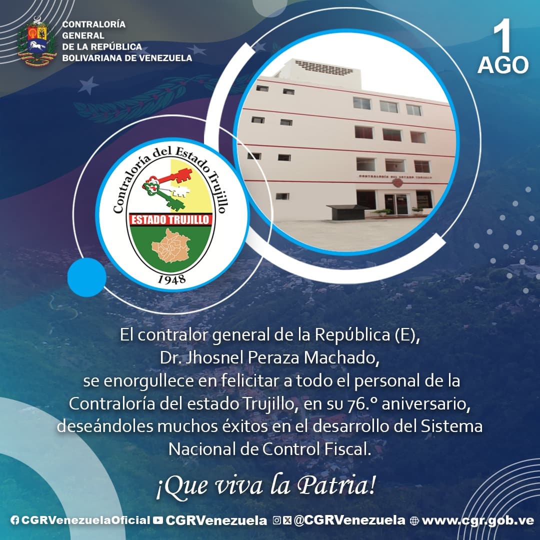 #TalDíaComoHoy #01Ago | La Contraloría General de la República Bolivariana de Venezuela felicita a todos los trabajadores de la Contraloría del estado Trujillo <a href="/CETrujillo01/">Contraloría Trujillo</a>, por su 76° aniversario.
