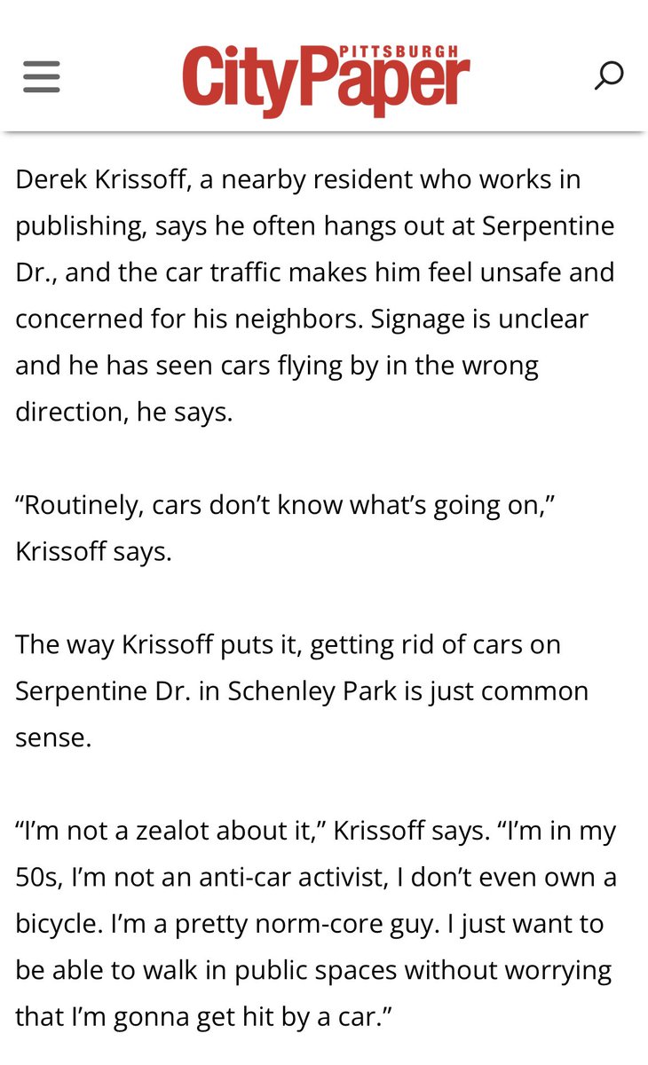 I’m quoted today in <a href="/PGHCityPaper/">Pittsburgh City Paper</a> on a topic that’s important to me—giving Serpentine Dr. in Schenley Park back to pedestrians and bicyclists. The good news is that according to the piece (by <a href="/mattApetras/">Matt Petras</a>), Pittsburgh will close the road to cars by the end of summer. Walkers won!