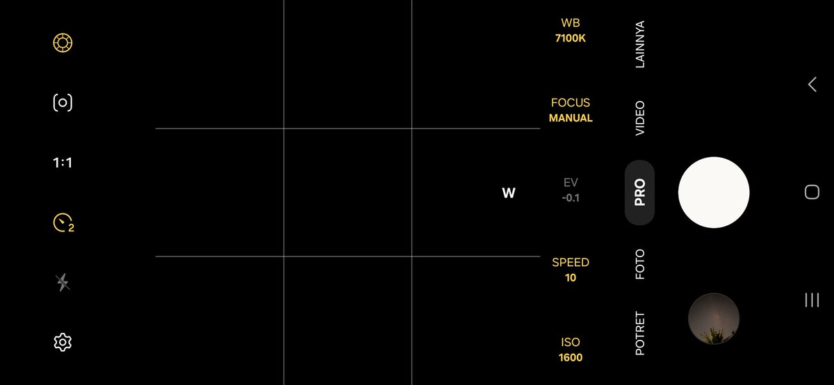 Arnitmoon's tweet image. Nih settingan buat foto bintang 

Notes buat speed nya bebas ya tergantung hp ini samsung A55 mentok di 10 second dan wajib pake Timer + tripod biar gak goyang soalnya kalo gerak dikit aja bakal gagal hasil nya🙂‍↕️