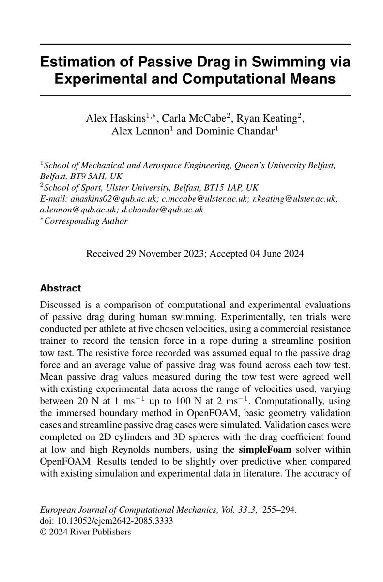 School of Sport & Exercise Science (@ulsterschsport) on Twitter photo 🚨 NEW PUBLICATION 🚨
Congrats Dr <a href="/carlamccabe/">Dr Carla Mc Cabe</a>, PhD Researcher <a href="/CoachRyanKeatin/">Ryan Keating</a> & collaborators on their publication in European Journal of Computational Mechanics 👏👏
#PassiveDrag #Swimming #OpenFoam #simpleFoam
journals.riverpublishers.com/index.php/EJCM… 🚨 NEW PUBLICATION 🚨
Congrats Dr <a href="/carlamccabe/">Dr Carla Mc Cabe</a>, PhD Researcher <a href="/CoachRyanKeatin/">Ryan Keating</a> & collaborators on their publication in European Journal of Computational Mechanics 👏👏
#PassiveDrag #Swimming #OpenFoam #simpleFoam
journals.riverpublishers.com/index.php/EJCM…