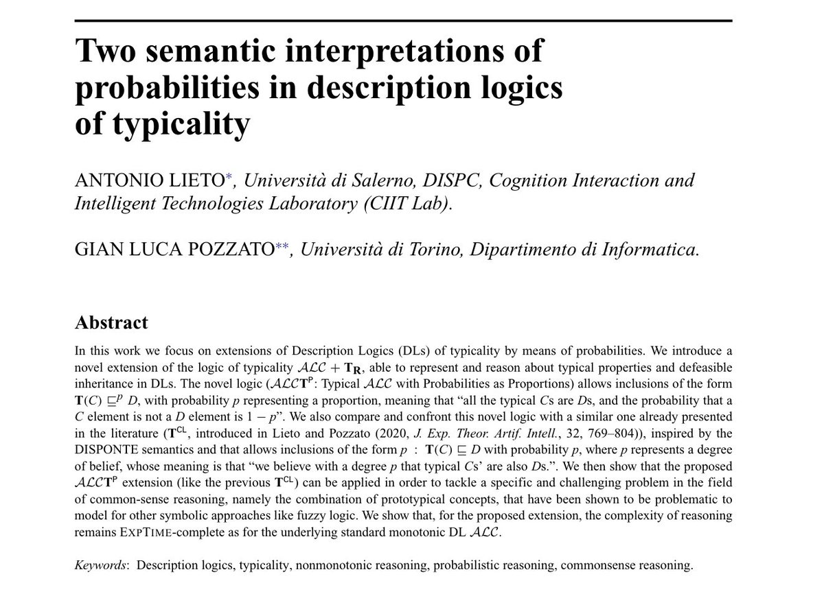 ciitlab_unisa's tweet image. The paper &quot;Two semantic interpretations of probabilities in #descriptionlogics of typicality&quot; by @antoniolieto &amp;amp; @posu78 has been published in the Logic Journal of IGPL (Oxford University Press).
You can read the full paper here:  doi.org/10.1093/jigpal…
#research  #ciitlabunisa
