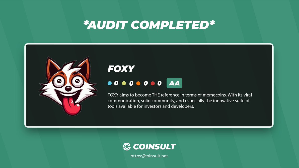 CoinsultAudits's tweet image. 🔒 AUDIT COMPLETED FOR FOXY

🎁 GIVEAWAY: $50 (48 hours)

1⃣ Follow @FOXY_community &amp;amp; @CoinsultAudits
2⃣ Like + RT this tweet
3⃣ Place a comment 💬

Go check out the full project page of FOXY 👇
coinsult.net/projects/foxy/

#giveaway #audit #smartcontract #cryptogiveaway #crypto…