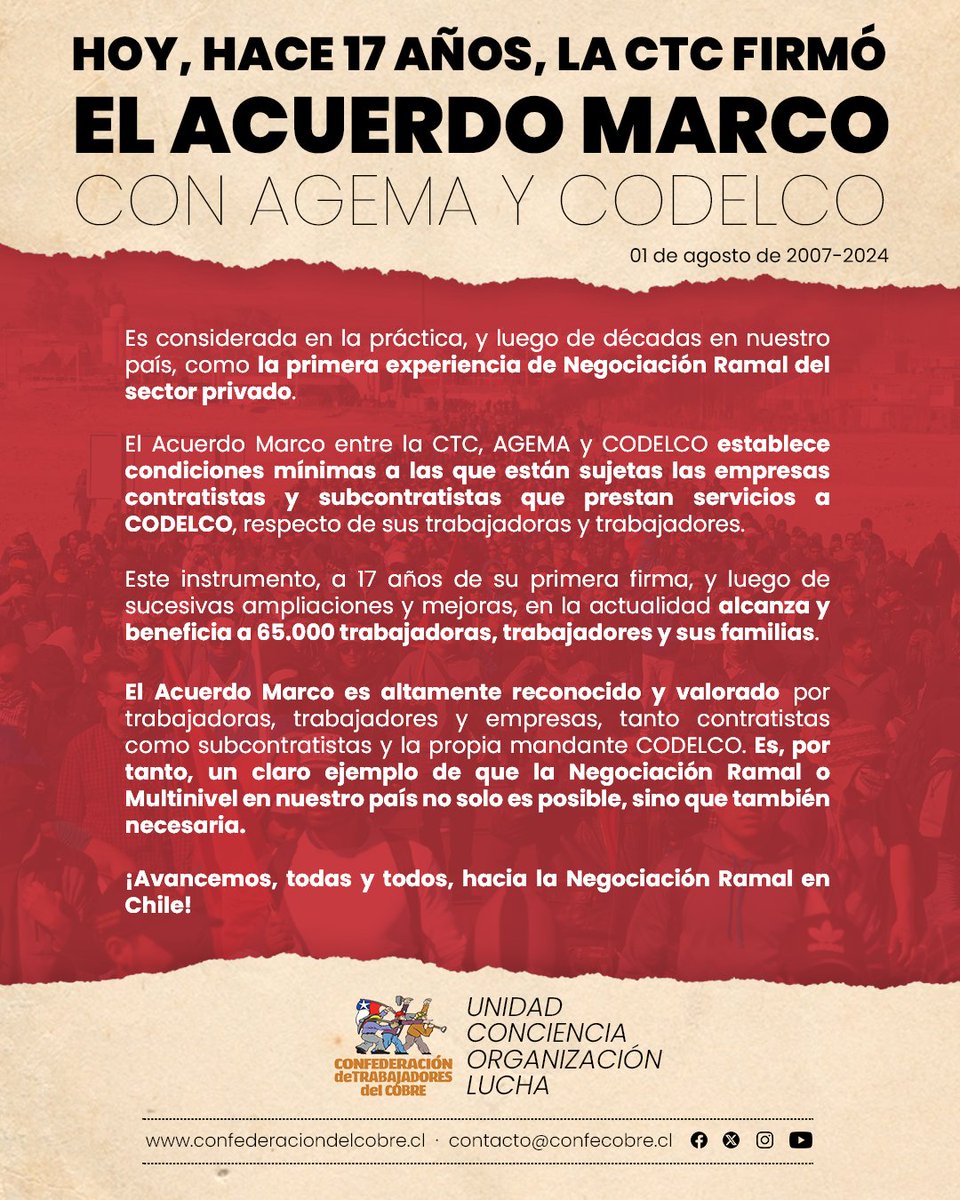 #MemoriaCTC: hoy, hace 17 años, la #CTC firmó el #AcuerdoMarco con Agema y #Codelco.