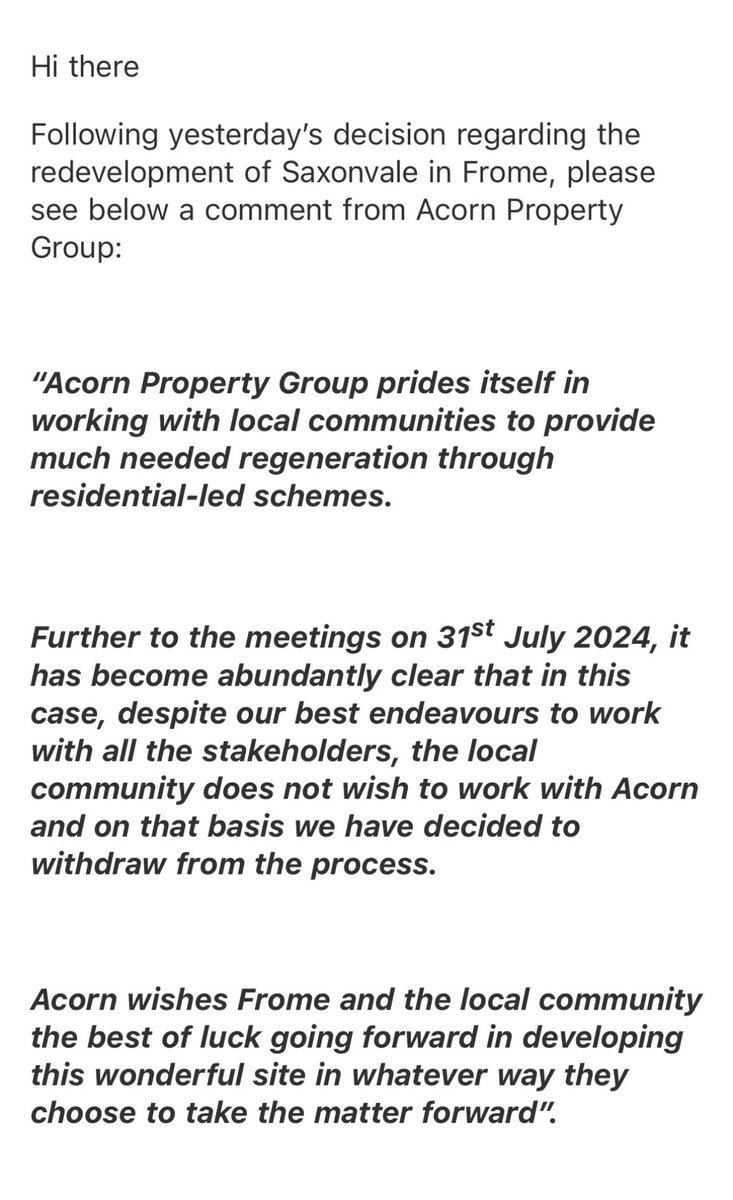 johnharris1969's tweet photo. Amazing. The corporate developer pulls out of the Frome regeneration site, thus making the Lib Dem council's decision to sell to them even worse. We now need to push ahead with the @MaydaySaxonvale plan https://t.co/hd93IfSOGk