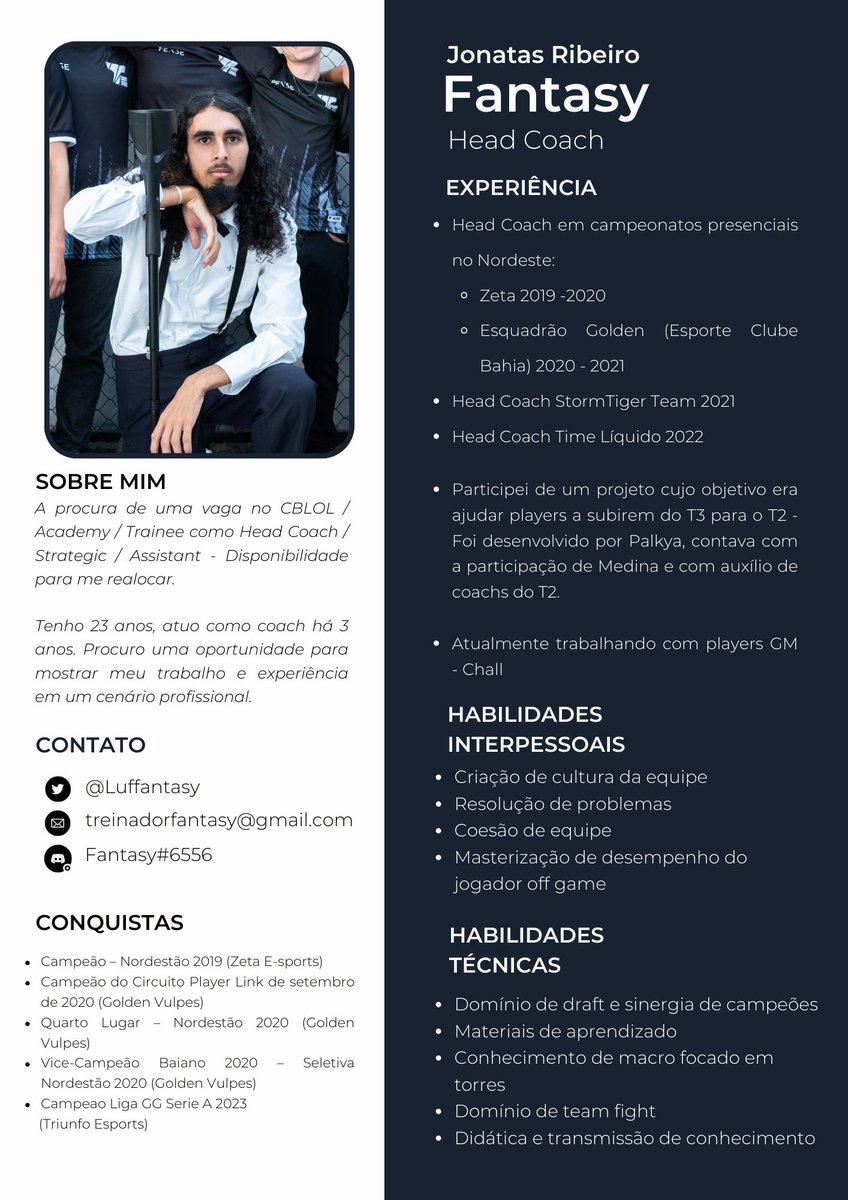 Head Coach   / Positional FA 
6 Anos de xp / 3 Anos 

Após pensar um pouco, decidi que gostaria de fazer parte do cenário Ignis como treinador.

Também estou aberto para times da Liga GG, Série A e Série B!

Disponível no período da tarde. Mais informações, me chamem por DM!