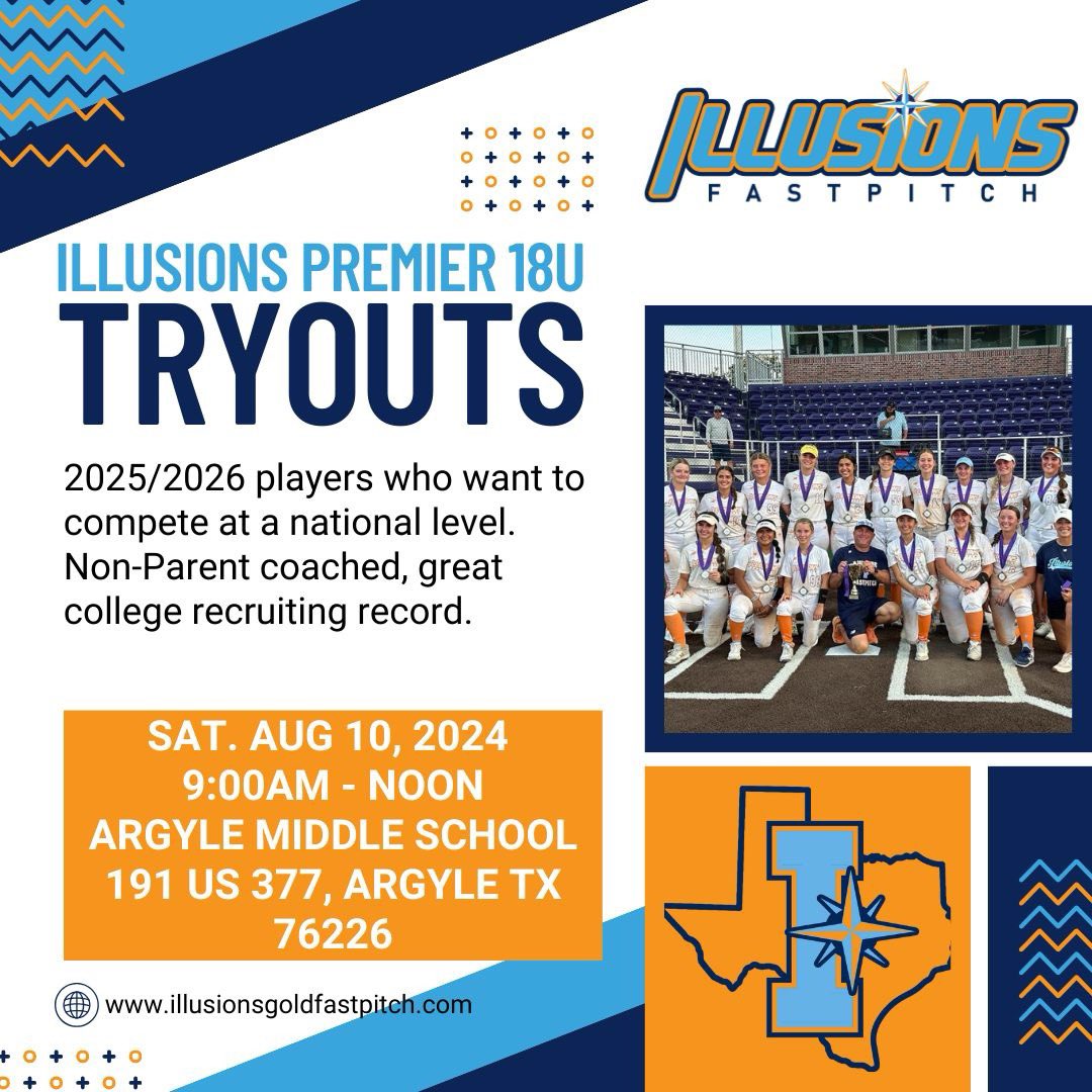 Sign up here ⬇️
forms.gle/Xu9pSPpgZ7vwAy…

Illusions Premier - Hankins (18U A-Level 25/26 based in Argyle, TX) will be holding a tryout session on Saturday August 10, 2024 from 9am-Noon to fill roster spots left by our (7) 2024 committed players. We have a very strong recruiting