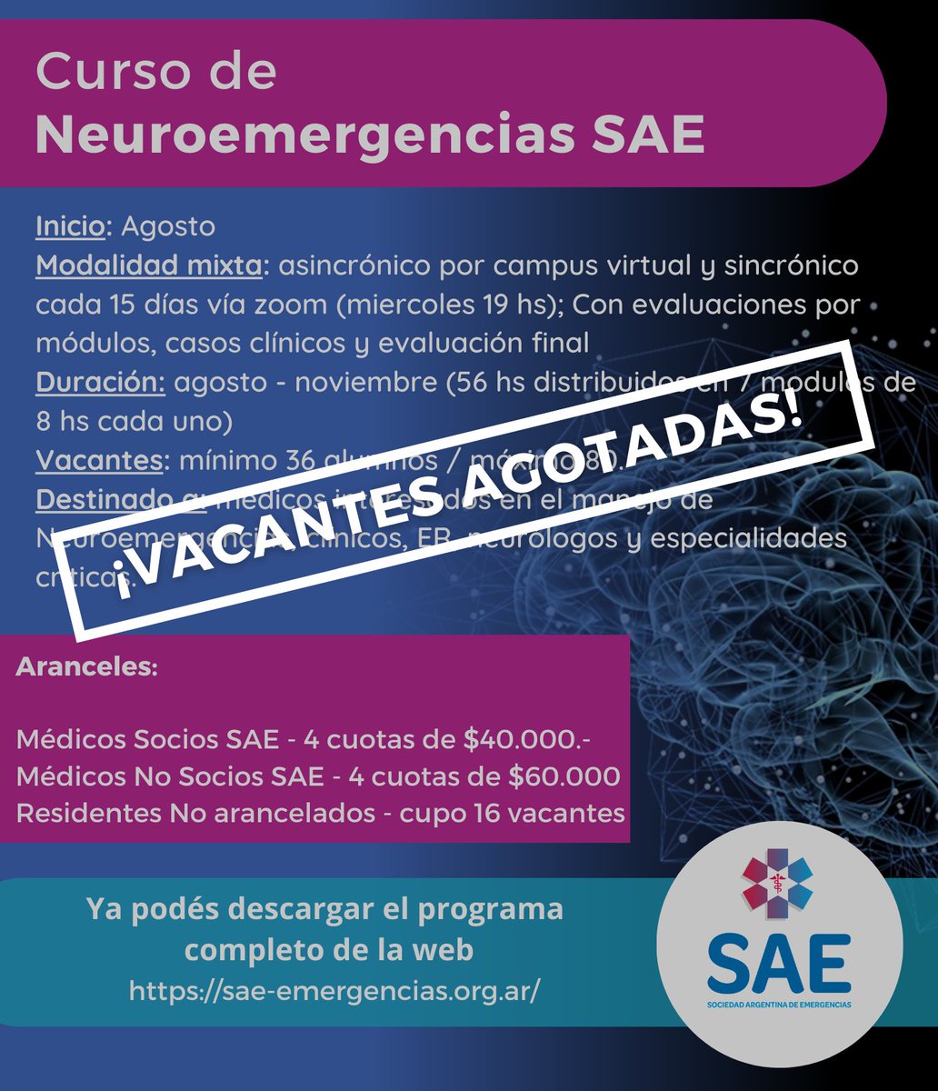 ¡VACANTES AGOTADAS DE NEUROEMERGENCIAS!

Les agradecemos a todos por el interés y los esperamos a todos los inscriptos.