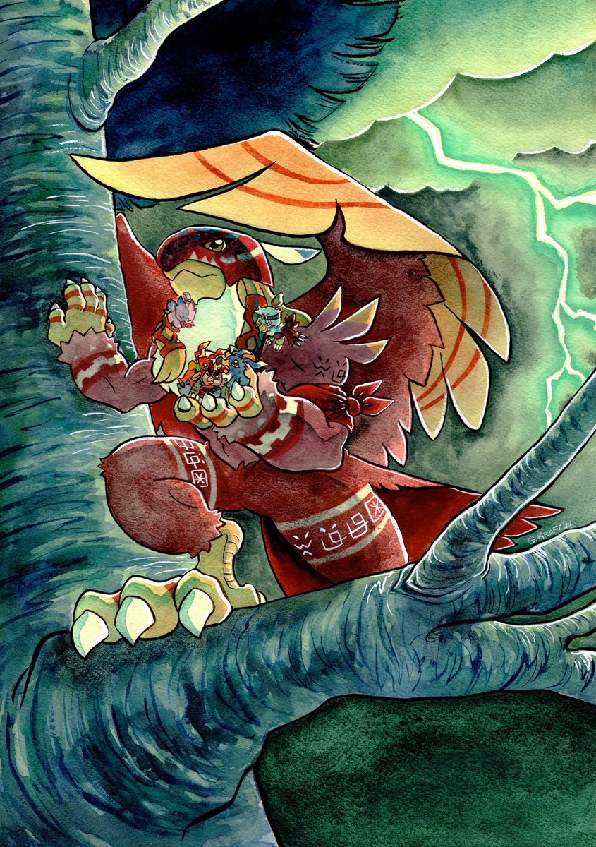 My piece for the Digigirl Zine Vol. 2!

I wanted to show Garudamon in her element, being a nature-loving guardian deity of the land and air. Here she is protecting some younger Digi-Birds from a wild thunderstorm.

Thanks for letting me be a part of this! <33

#Digimon #デジモン